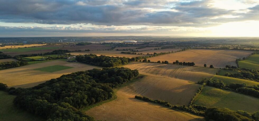 agricultural landscape with sun setting underneath clouds