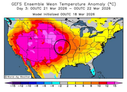 US heat map showing mean temperature anomalies