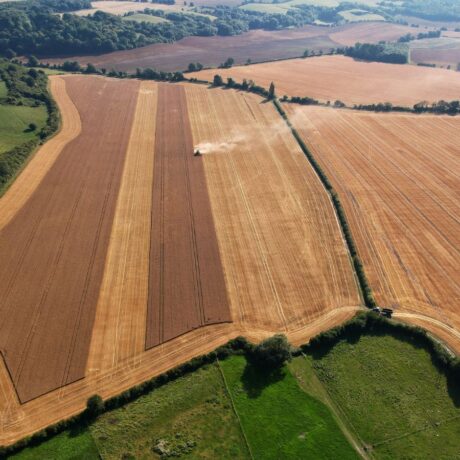 drone footage of field being harvested