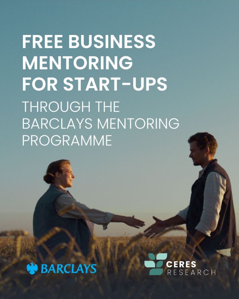 'free business mentoring for start-ups' in bold white text with two people in the background shaking hands in wheat field