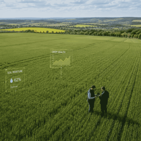 Image of farmers in field using digital technology