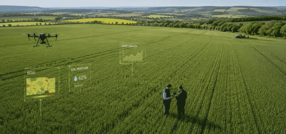 Image of farmers in field using digital technology